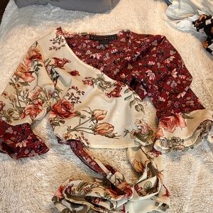 Polly & Esther Floral Wrap Top - Cream and Red